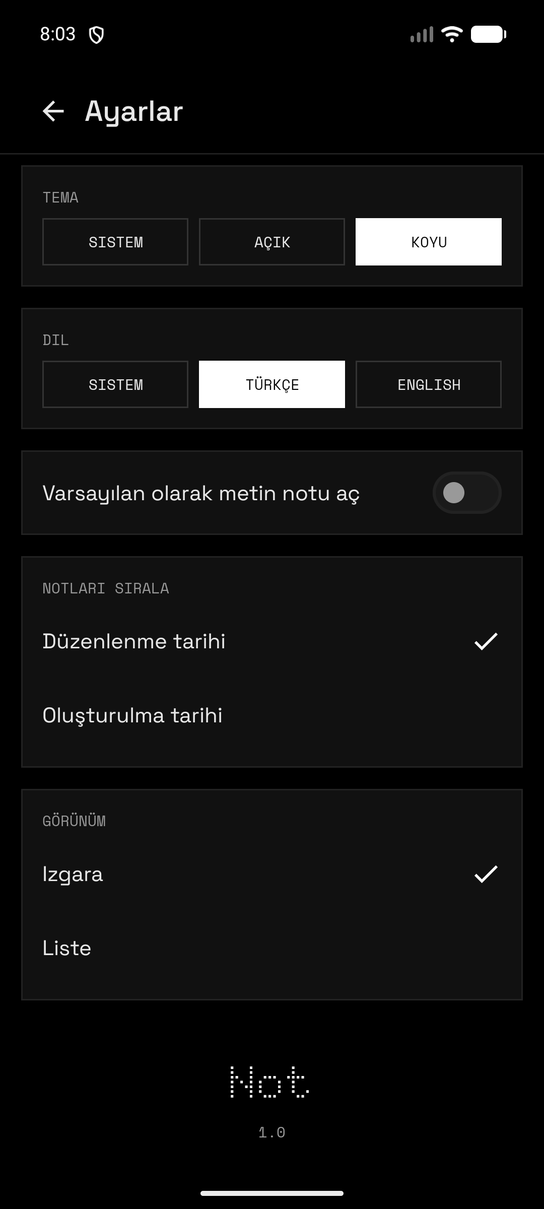Not — Ayarlar
